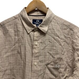 La Martina Mens Large Tan Windowpane Plaid Linen Button Front Tailored Fit Shirt